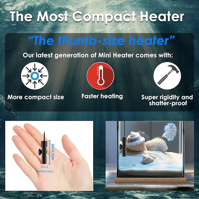 Mini Aquarium Heater 5V/2A USB 10W Super Small Fish Tank Heater with Digital Display Thermostat, Alumina Ceramic Betta Tank Heater Turtle Heater for Tanks up to 1 Gallon