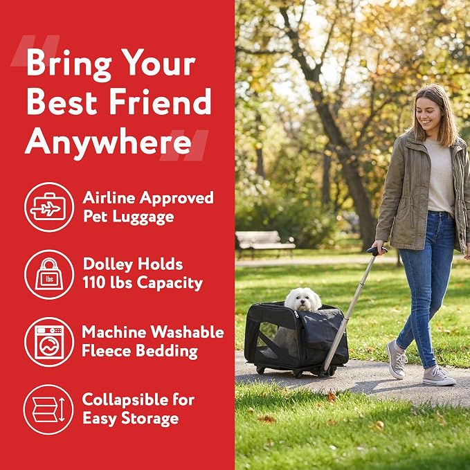 dbest products Rolling Pet Carrier with Wheels Airline Approved - TSA Dog Cat Carrier for Airplane Travel - Wheeled Pet Carrier 18x12x20 for Pets up to 24lbs - Collapsible Travel Bag