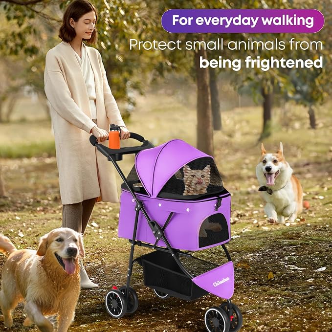 Pet Stroller,Dog Stroller for Small Medium Dogs Cats,3 Wheels,Purple | Foldable,with Breathable Mesh Canopy,Cup Holders,Easy Assembly