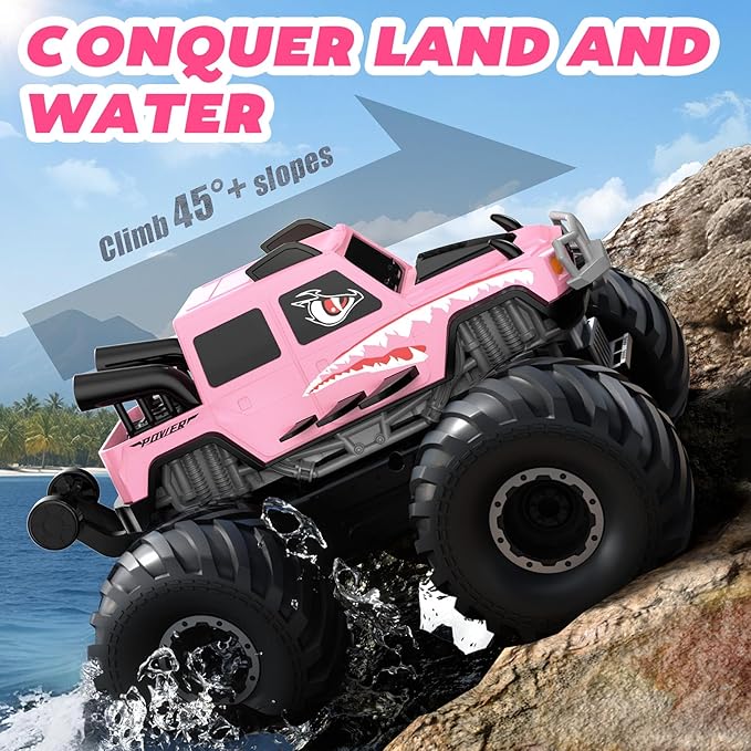 NQD® Monster Truck Toys, Waterproof 360°Rotate 4x4 RC Truck, Amphibious Remote Control Monster Trucks, 2.4GHz All Terrain Off-Road Pickup Toy RC Car for Gifts for Boys Kids Age 6 7 8 9 10 11 12+,Pink