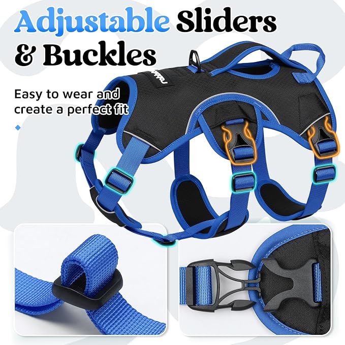 rabbitgoo Escape Proof Dog Harness for X-Large, No Pull with Lift Handle | No Escape, Full Soft Padded, Reflective Adjustable Vest, Leash Clip for Walking Hiking Training, Blue & Black, X-Large