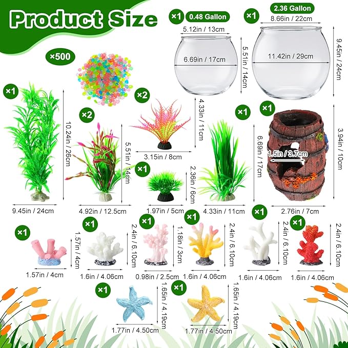 Cinnvoice 521 Pcs Plastic Fish Bowls Starter Kit, 2 Gallon & 0.27 Gallon Round Shatterproof Aquarium with Luminous Stones, Artificial Plants, Decor for Betta Goldfish, Small Fish Tank for Office