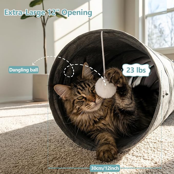 Ownpets Cactus Cat Tunnel 12" with Peek Holes for Indoor Large Cat, Grey | Durable Oxford fabric, noise-free, foldable & connectable, multi-cat friendly, tube for cats up to 20lb, includes ball & wand