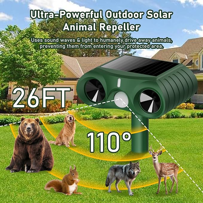 2026 Upgraded Ultrasonic Solar Animal Repellent Outdoor,USB-C Charging and Wall-Mounting Capability with Motion Activated,for Deer Cat Squirrel Raccoon Rabbit Dog Garden Yard
