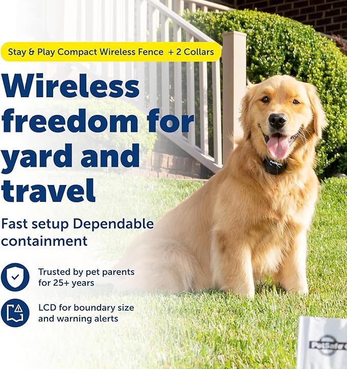 PetSafe Stay & Play 2-Dog Compact Wireless Fence - Portable & No-Dig - Includes 2 Collars - Covers Up to 3/4 Acre - for Dogs 5lb+