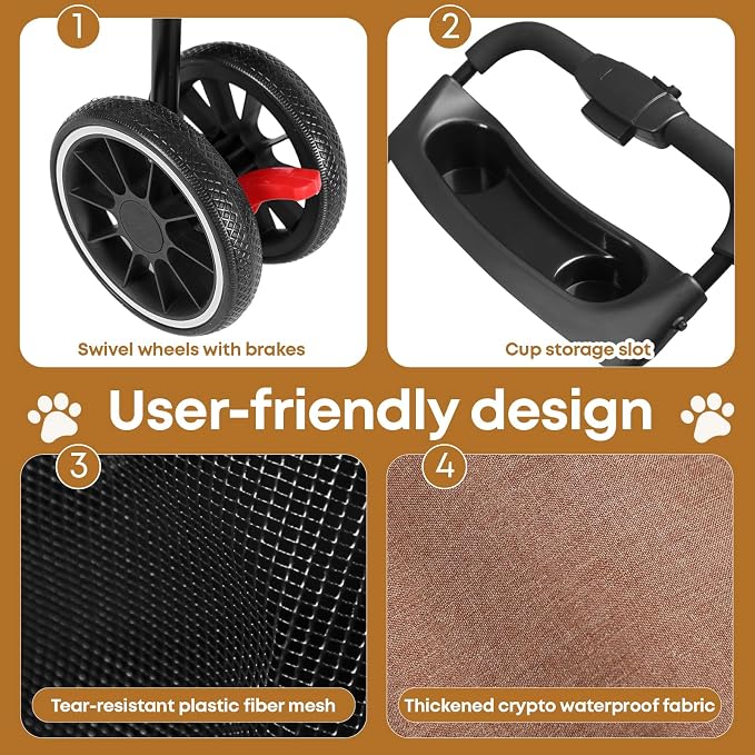 Pet Stroller,Dog Stroller for Small Medium Dogs Cats,3 Wheels,Deep Brown | Foldable,with Breathable Mesh Canopy,Cup Holders,Easy Assembly