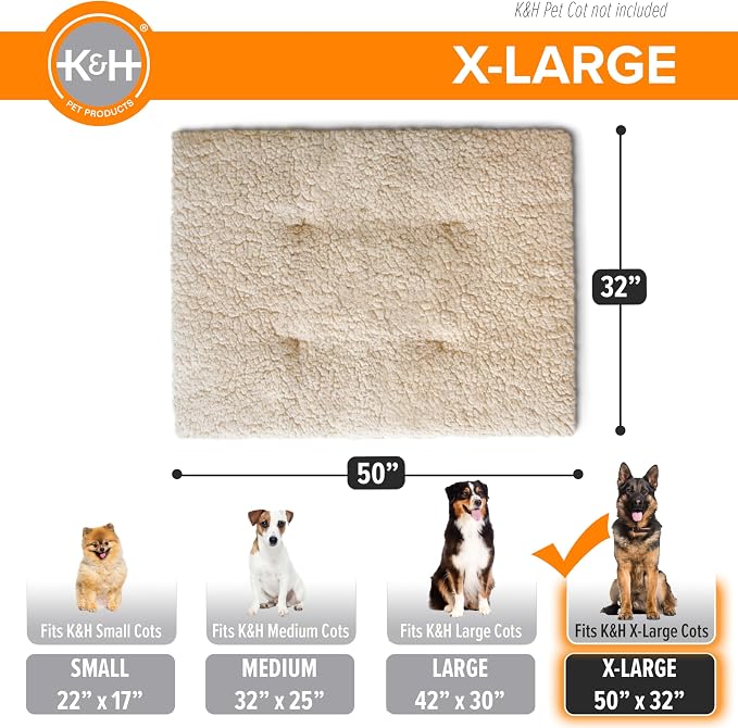 K&H Elevated Dog Bed Pet Cot Pad (Cot Sold Separately), X-Large 50x32 Tan | Pillow-Top Comfort for K&H Extra Large Raised Dog Bed, Soft & Fluffy Fleece, Secure Fit Straps, Machine Washable, Portable