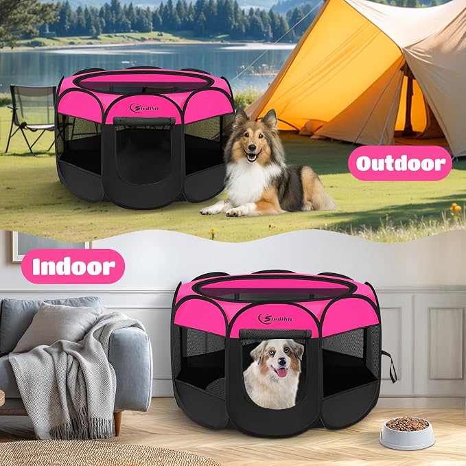 Siedihit Dog Cat Playpen, Large Puppy Pet Playpen, Dog Crate Tent Cage | Indoor/Outdoor, Portable Pop Up Dogs Kennel Playpen with Carrying Case for Dogs/Cats/Rabbits, Hot Pink