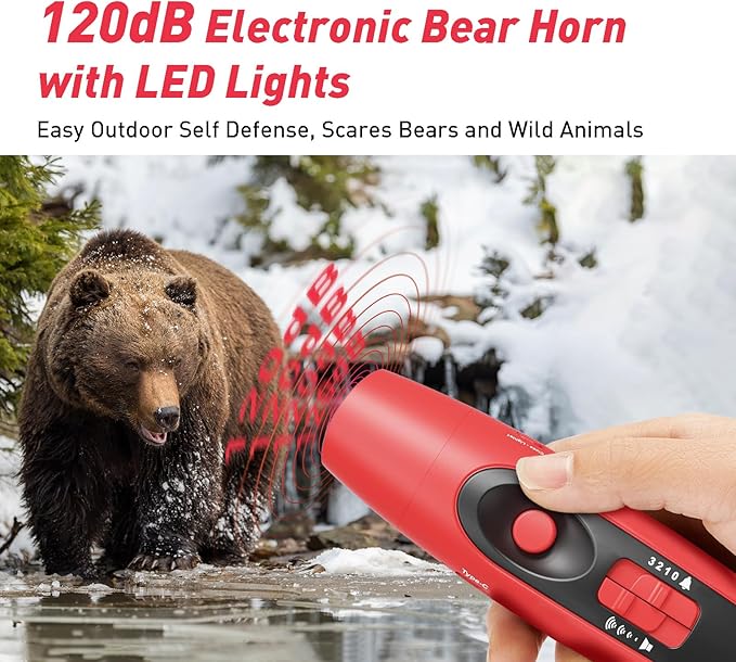 StarWorld Rechargeable Bear Horn - 120dB Electronic Air Horn for Bears with 4 Volume Levels & 3 Tones, Audible 0.5 Miles, LED Safety Light for Hiking, Camping, Wildlife Defense (red)