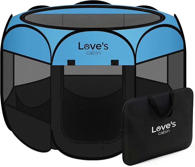 Love's cabin Pet Puppy Dog Playpen, Large Dog Tent Crates Cage Indoor/Outdoor, Portable Playpen for Cat, Foldable Pop Up Dog Kennel Playpen with Carring Case, Removable Zipper Top, Blue