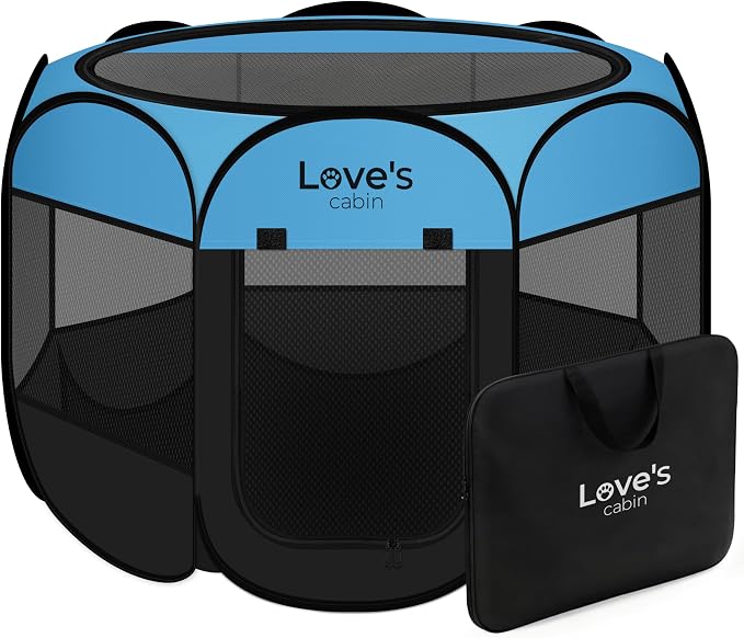 Love's cabin Pet Puppy Dog Playpen, Small Dog Tent Crates Cage Indoor/Outdoor, Portable Playpen for Cat, Foldable Pop Up Dog Kennel Playpen with Carring Case, Removable Zipper Top, Blue