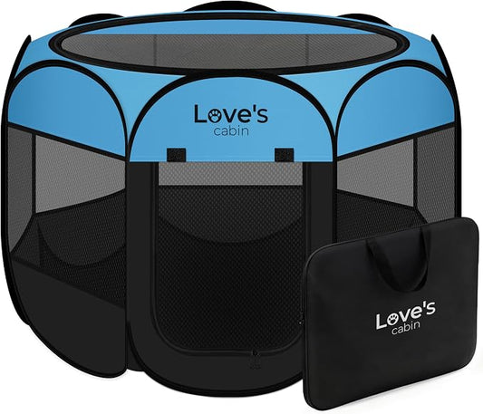 Love's cabin Pet Puppy Dog Playpen, Small Dog Tent Crates Cage Indoor/Outdoor, Portable Playpen for Cat, Foldable Pop Up Dog Kennel Playpen with Carring Case, Removable Zipper Top, Blue