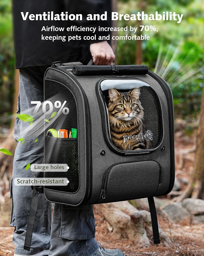 Pecute Cat Backpack Carrier,Large Space Cat Bubble Backpack,Ergonomic,Gray | XXL,Sunshade Curtain,Transparent Window,Safety Rope,Sturdy,Large Mesh on Both Side for Breathability,Suitable for Outdoor,Vet