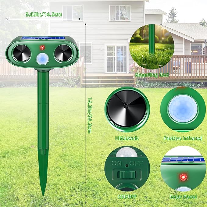2026 Solar Animal Repellent Outdoor 4 Pack Ultrasonic Squirrel Deer Repellent with Motion Sensor, Waterproof Cat Deterrent Device for Yard Garden Farm, Keep Bird Cat Squirrel Deer Rabbit Away