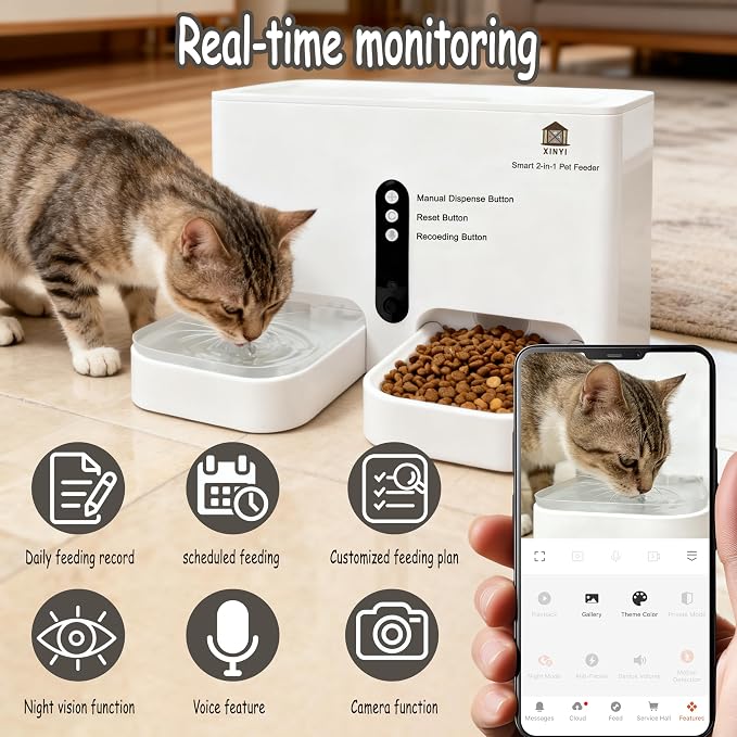 Automatic Pet Feeder and Water Dispenser 2-in-1 Set with WiFi, Proximity Sensor, Easy APP Operation, Real-time Video Monitoring for Cats and Dogs