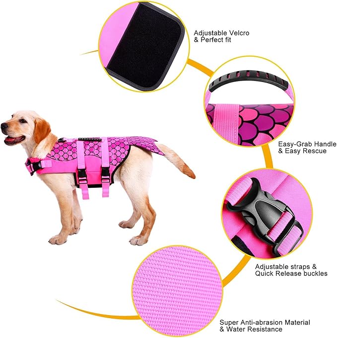 Dog Life Jacket Ripstop Shark Dog Safety Vest Adjustable Preserver with High Buoyancy and Durable Rescue Handle for Small,Medium,Large Dogs, Pink Fish Large