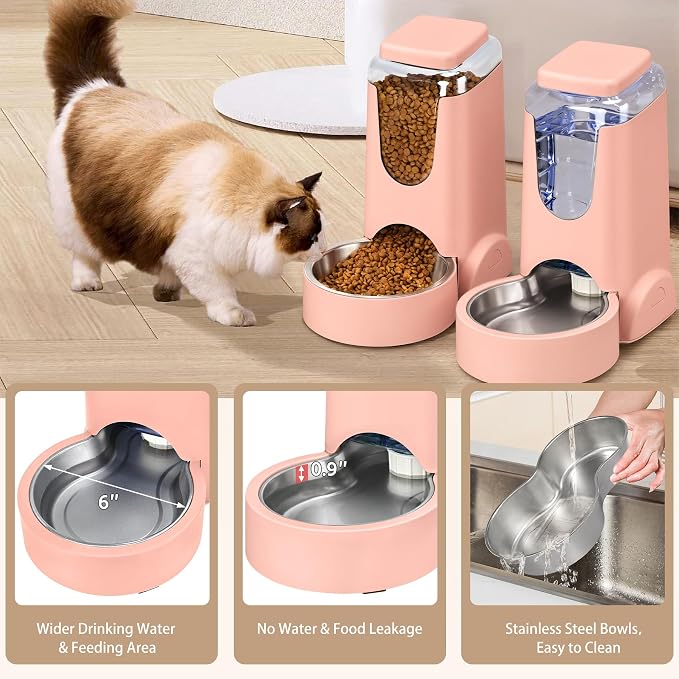 WyfKyd Auto Cat Feeder and Dog Water Dispenser with Stainless Steel Bowl | 2 Pack Auto Cat Feeder and Dog Waterer Gravity Stainless Steel Water Dispenser Set for Medium Puppy Kitten Pets 1Gal Pink
