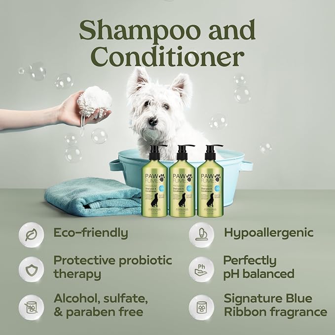 Pawfume Dog Gift Basket, 6-Piece Grooming Gift Box | 6-piece spa kit with probiotic deodorizer spray, hypoallergenic grooming mist & premium brush, Dog Gift Boxes for all breeds