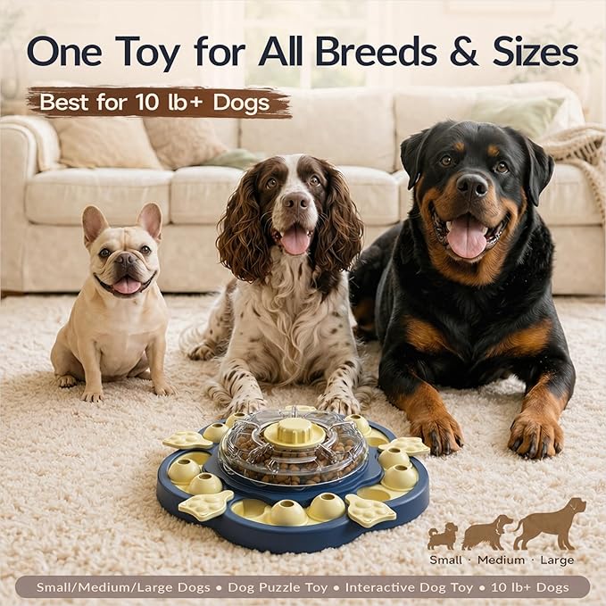 KADTC 3-Level Dog Puzzle Toy, Spin to Release Treat Dispenser & Slow Feeder | LARGE SIZE - Slide, swing, sniff, search: 4 play modes curb boredom, channel energy, build focus, deliver mental stimulation.
