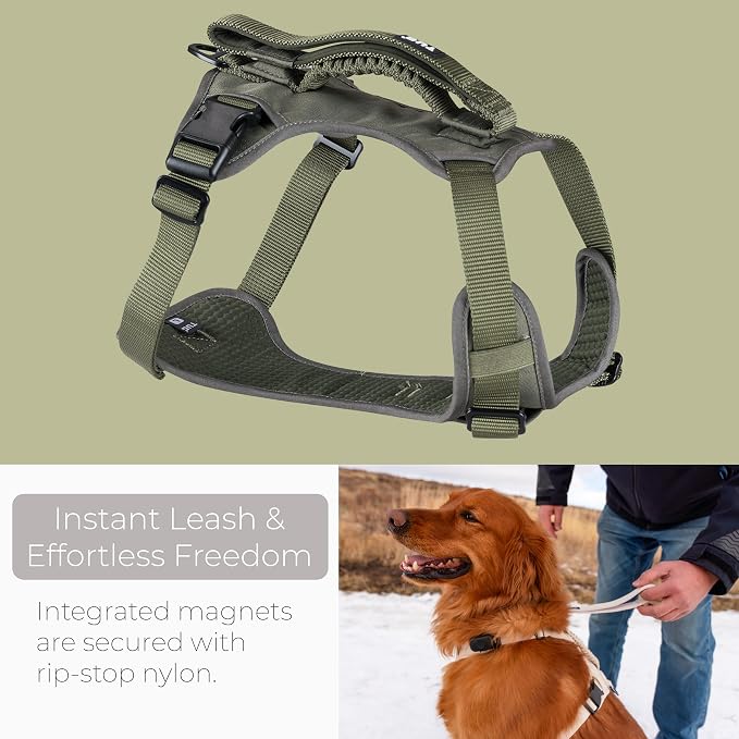 TUG Grab Dog Harness with Built-in Magnetic Traffic Leash (Large/Green) | Padded Magnetic Traffic Handle | Dual Leash Clips | 4-Point Adjustable Fit | Durable Nylon
