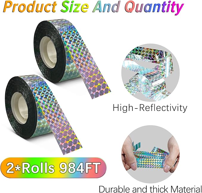[984FT] Effective Birds Scare Reflective Ribbon Reflectors,Dual-Sided Flashing Streamers to Keep Pigeons, Hawks, Woodpeckers, Geeses Away from Trees Plants Crops Garden Porch,2*Rolls