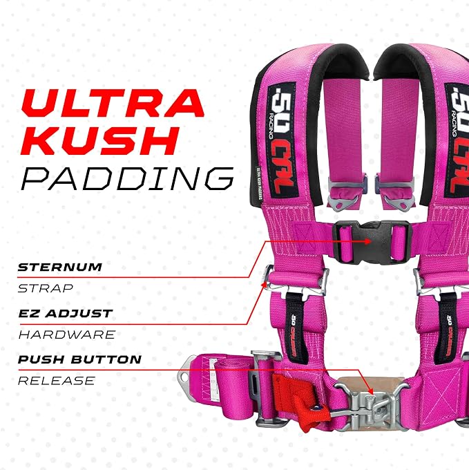 1pc 50 Cal Pink 4 Point Harness 2 inch straps, Racing Harness Seat Belt | Ultra Kush padding, Push Button quick release hardware. Universal Fit for UTV, RZR, race car