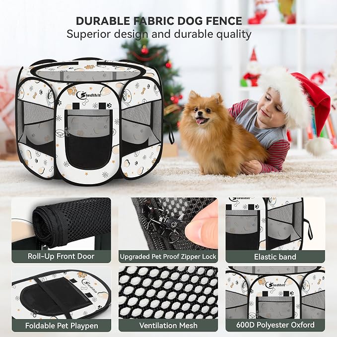 Siedihit Dog Playpen, Medium Dogs Tent Crates Cage Indoor/Outdoor | Portable Pop Up Dog Kennel Playpen with Carrying Case for Dogs/Cats/Rabbits(Cute, Medium)