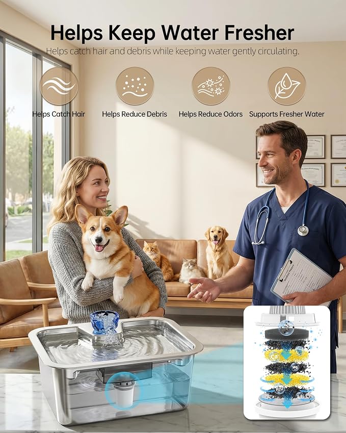 Dog Water Fountain with Silicone Mat - 3 Gallon Stainless Steel Pet Water Fountain with 6 Filters, Quiet Automatic Bowl Dispenser Drinking Waterer for Large Dogs & Multi-pet, Easy to Clean, Indoor Use