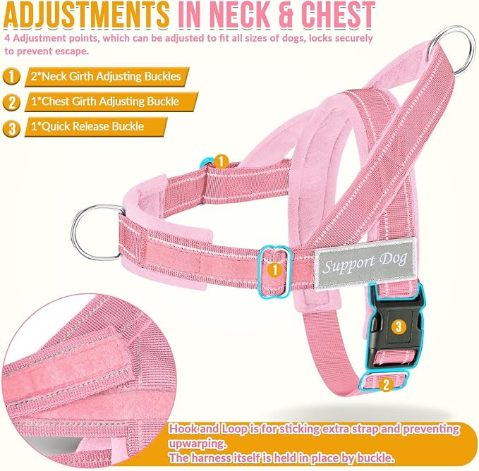 SlowTon No Pull Dog Harness with Front Clip - Heavy Duty, Soft Padded | Neck & Chest Adjustable, Tactical Pet Vest and Leash Set for Large Medium Sized Dogs, for Easy Walk & Training, Pink L