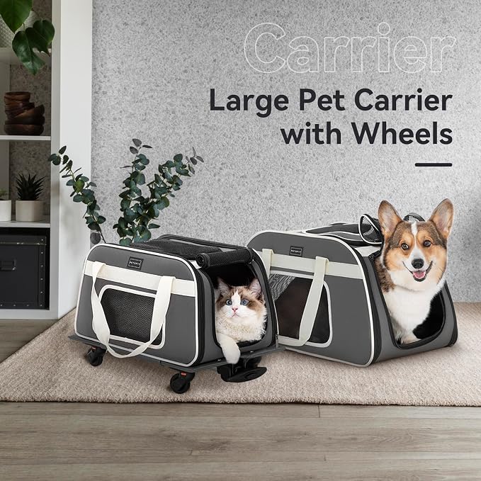 Petsfit Cat Carrier with Wheels, Removable Spinner Wheels, Up to 13 lb | Fits pets up to 15 L x 8 H in and 13 lb; removable spinner wheels, anti-sag frame, 4-sided mesh, safety tether and locks.