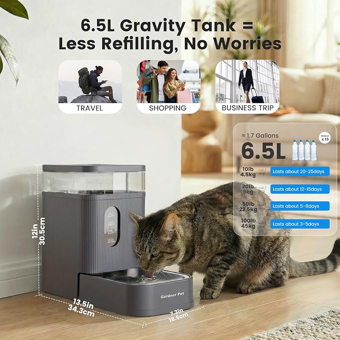 Gardner Pet 1.7 Gallon Automatic Dog Water Bowl Dispenser 6.5L Gravity Water Feeder with Stainless Steel Bowl & Maifan Stone Filter, BPA-Free for for Cats and Dogs (Grey, 1.7 Gallon)