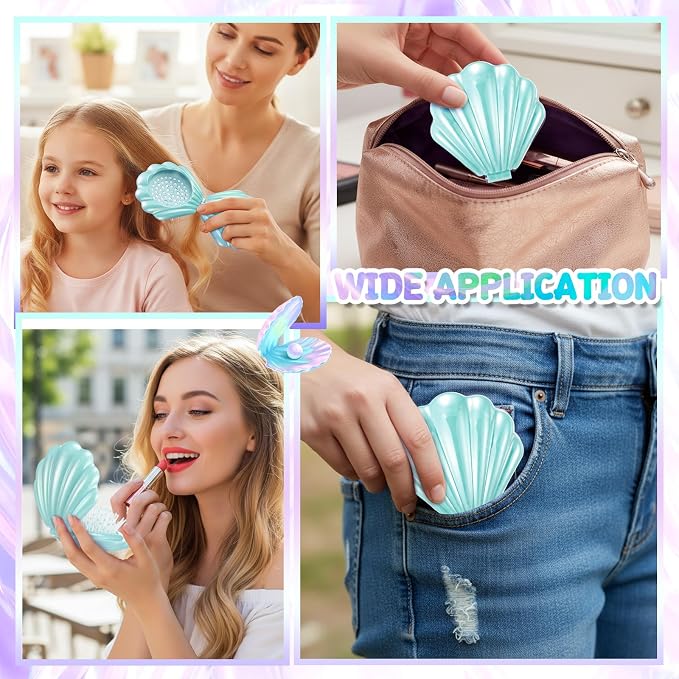 LemonRoad 24 Sets Mermaid Party Favors Shell Hair Brush with Mirror Card, Foldable Mini Travel Compact Hair Brush for Women Birthday, Bachelorette, Under The Sea, Beach Party Gifts(Teal)