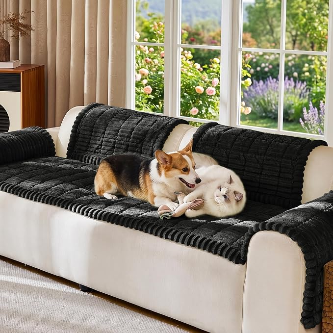 FUANGUI Waterproof Couch Cover Sofa Cover for Dogs and Pets Sofa Protector | Non-Slip Washable Fuzzy Soft Cat Bed Sofa Slipcover for 2-3 Cushion Couch Sofa Pet Friendly, Black, 27.6" x 70.9", 1 pcs