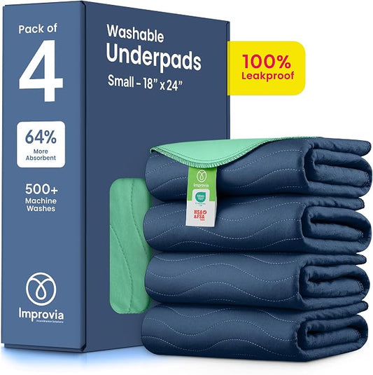 IMPROVIA® Washable Underpads, Heavy Absorbency Reusable Incontinence Pads for Kids, Adults, Elderly, and Pets, Waterproof Protection Floor (Navy & Green, 18"x24" (Pack of 4))