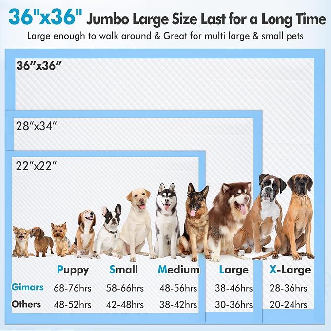 Gimars 4XL 36"x36" Thicken Heavy Absorbency Dog Pee Pad Extra Large- Jumbo Disposable Polymer Quick Dry No Leaking Pee Pads for Dogs, Cats, Rabbits Pets 45 Counts
