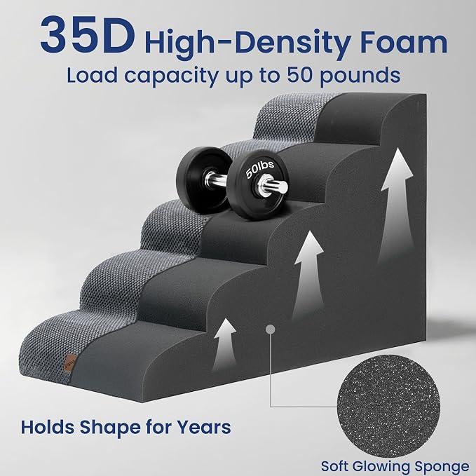 GoGoBunny Ramp Dog Stairs for High Beds 24.4" H, 5-Step Extra Wide Dog Slope Stairs with Durable Waterproof Fabric Cover, Pet Steps for Old Large Dogs Climbing, Non-Slip Sturdy Indoor Step, Grey