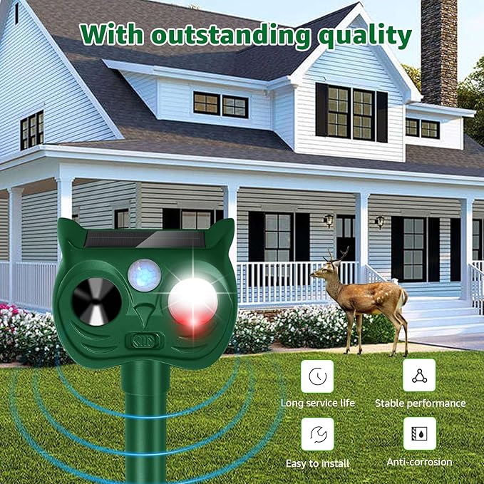 Solar Ultrasonic Animal Repellent Outdoor Motion Sensor Deer Repellent Devices Squirrel Cat Raccoon Rabbit Deterrent with Strobe Light Dual Mode, Keep Skunk Away Protection for Yard Garden Lawn 2PCS