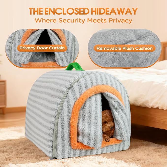 Dog House Indoor for Small Dogs, Grey, S | 2-in-1 Enclosed Dog Bed with Cover Cave & Curtain, Dog Tent with Plush Washable Cushion, Inside Dog House for Pets