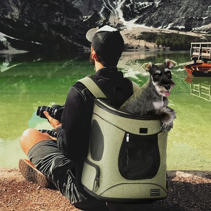 Petsfit Dog and Cat Backpack Carrier, Padded Waist Support, Up to 18 lb | 13.5 x 12.5 x 17.5 in; reinforced frame, 600D Oxford, 4 mesh panels, lockable zippers, safety tether and washable mat.