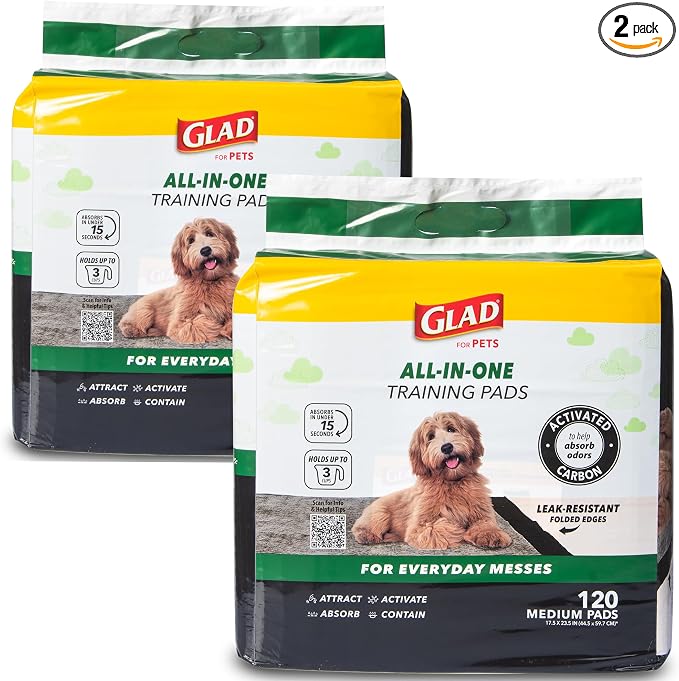 Glad for Pets Black Charcoal Puppy Pads, 120 Count, 17.5 x 23.5 Inch, Charcoal Odor Neutralizing, Super Absorbent, Leak-Resistant Edges, Pheromone Attractant, Disposable - 2 Pack