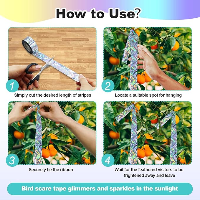 Bird Scare Tape Ribbon(524FT) - Reflective Tape for Birds - Keep Birds Away Outdoor - Scare Tape for Bird Control - Double Side Ribbon, Scare Geese, Pigeon, Duck, Woodpecke- Yard Decoration