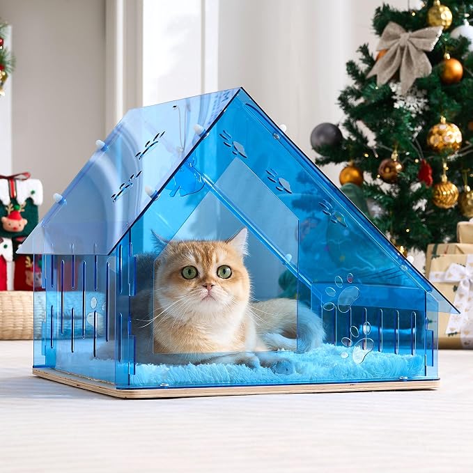 Acrylic Cat House for Indoor Cats, Transparent Cat Bed Cave with Plush Cushion & Hanging Toys, Modern Ventilated Cat Condo with Sturdy Wooden Base for Adult Cats & Kittens up to 12 lbs, Blue