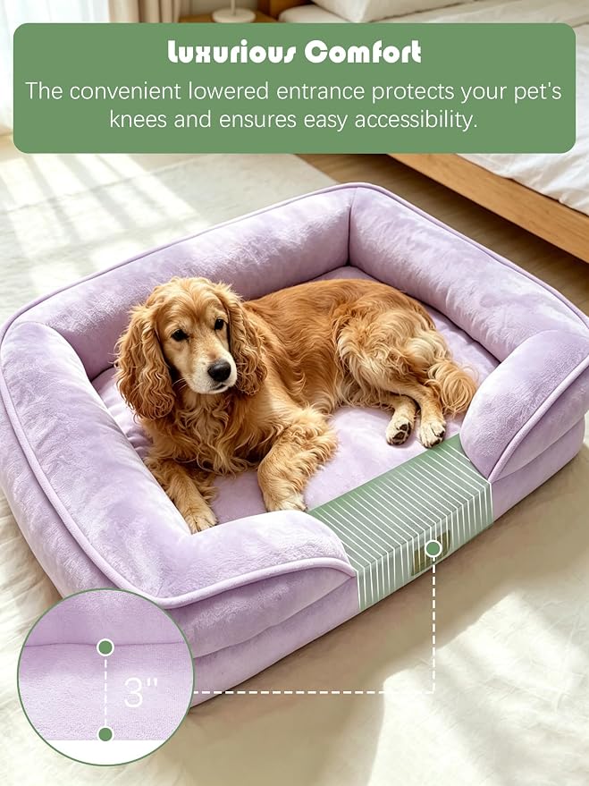 Spotted Play Orthopedic Dog Bed with Sides - Sofa Beds for Large Dogs, Supportive Foam Pet Couch Bed with Washable Removable Cover, Waterproof Lining and Non-Slip Bottom, Purple - L