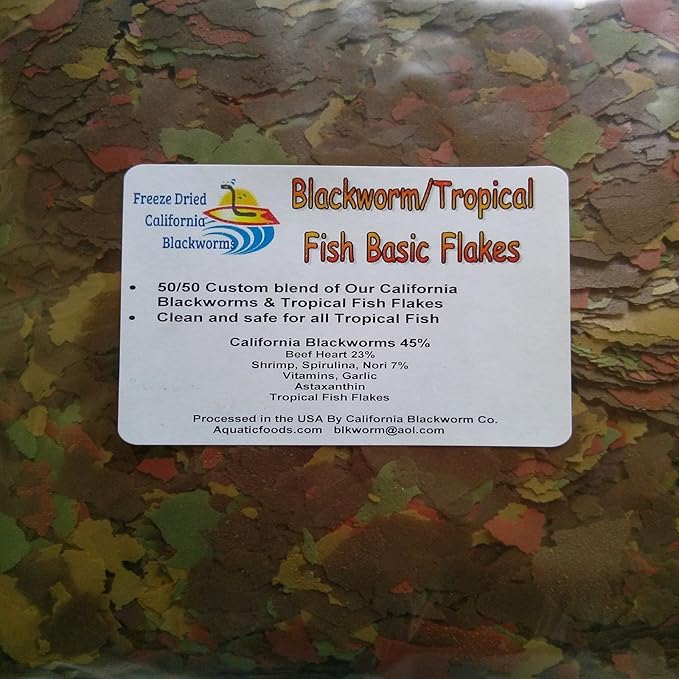Aquatic Foods Inc. Flakes - 45% California Blackworm & Tropical Flake Mix for Discus, Cichlids, Tetras, Guppies, Live Bearers, Pond Fish, All Community Tropical Fish Premium AF Flakes - 1/8-lb
