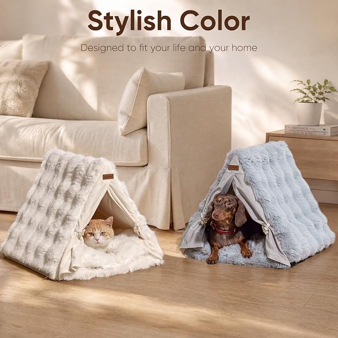 FUKUMARU Cat Cave Bed, Sturdy Frame Washable Cat Tent Bed with Curtain | Semi-Enclosed Cat Hideaway for Anxious Cats, Large Cozy Cat House for Indoor Cats, Soft Plush Covered Dog Bed, Grey