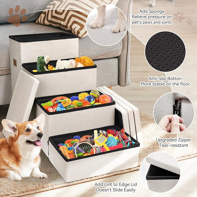 Zerbuger Dog Stairs with Storage, Beige 4 Steps Dog Ramp with Condo for Bed | 23" H Wider Dog Steps for High Beds Couch, Folding Storage Pet Stairs Gift for Climbing Small/Medium/Large Old Dogs Cats