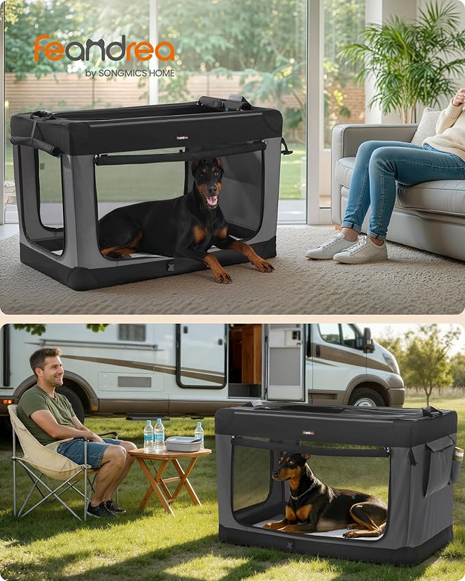 Feandrea Collapsible Dog Crate, Portable Oxford Fabric Pet Carrier, 48-Inch | For Extra Large Dogs, 4 Mesh Doors, Handles, Storage Pocket, Water Bottle Holder, Black and Gray BAX Collection UPDC022BH01