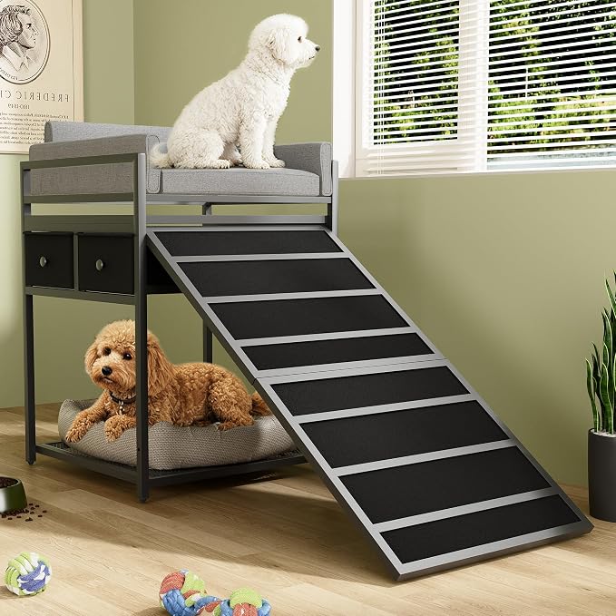 kepptory Dog Sofa with Window Perch & Retractable Dog Stairs, 2‑Tier Pet Bunk Bed with Storage Drawers, Multi‑Function Pet Furniture for Small Medium Dogs Cats, Supports 110 lbs, Easy Assembly