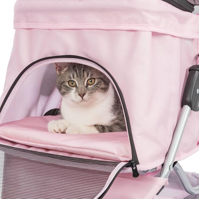Trixie Foldable Pet Stroller for Cats and Dogs, Pet Carrier Strolling Cart with Weather Cover, Storage Basket, Cup Holder, Pink