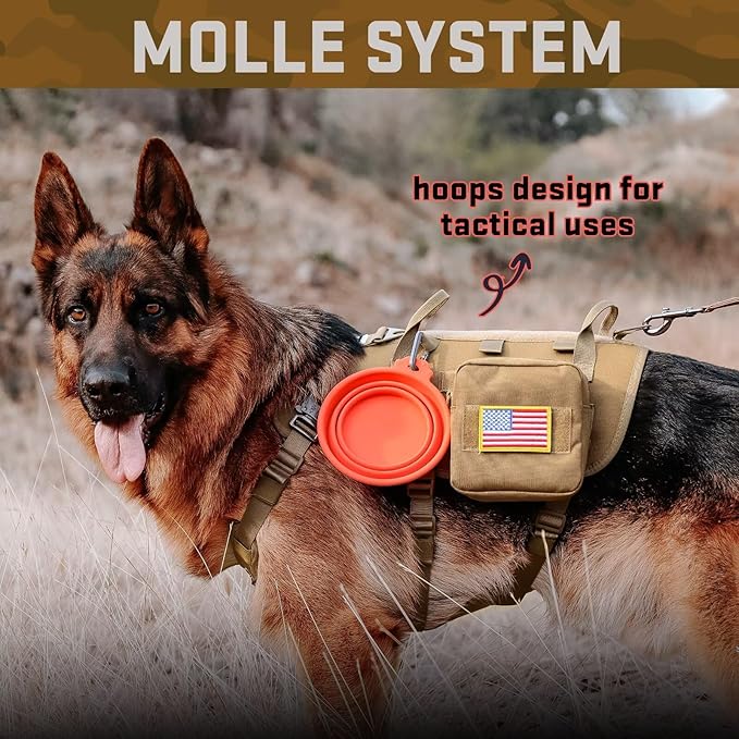 Forestpaw Tactical Dog Harness Tactical Dog Collar with Bungee Leash Set,No Pull Military Dog Harness for Walking Training,Adjustable for Medium Dogs,Khaki,Chest 17-25"